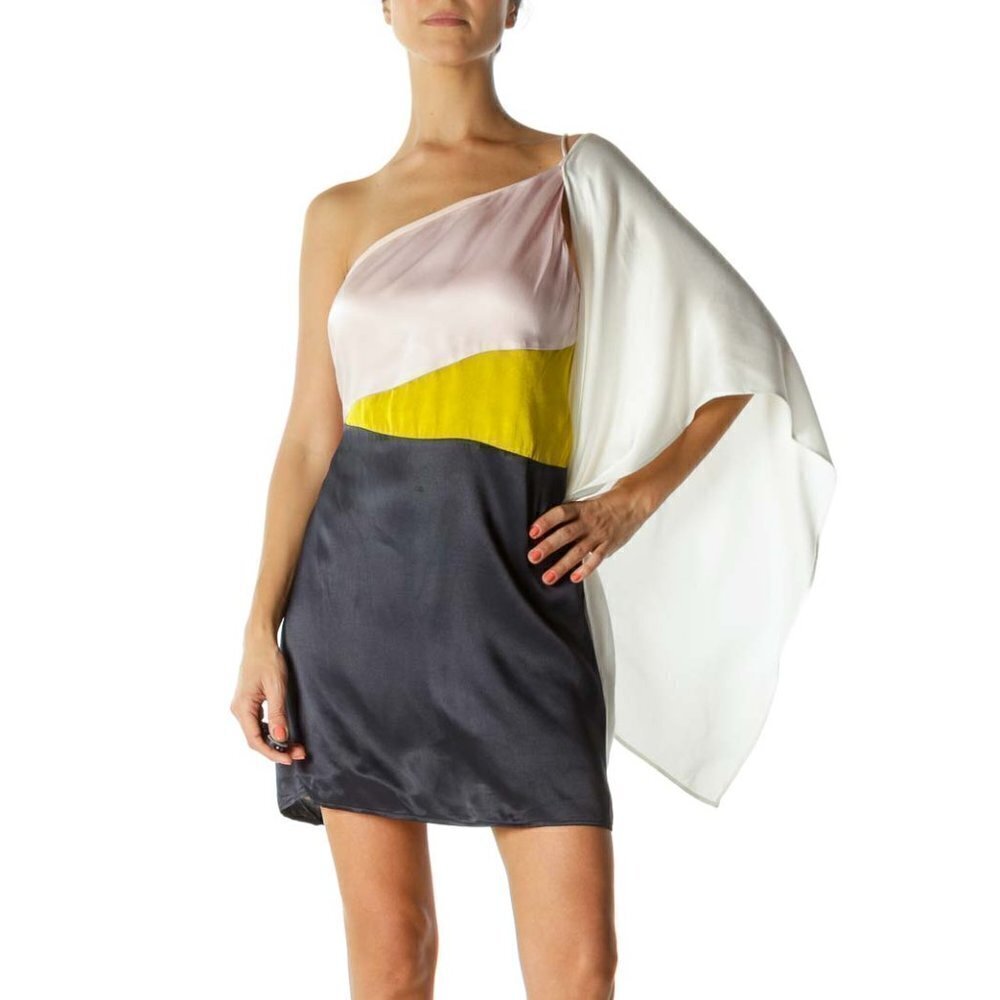 Backstage Navy Pink Green and White One Shoulder Dress